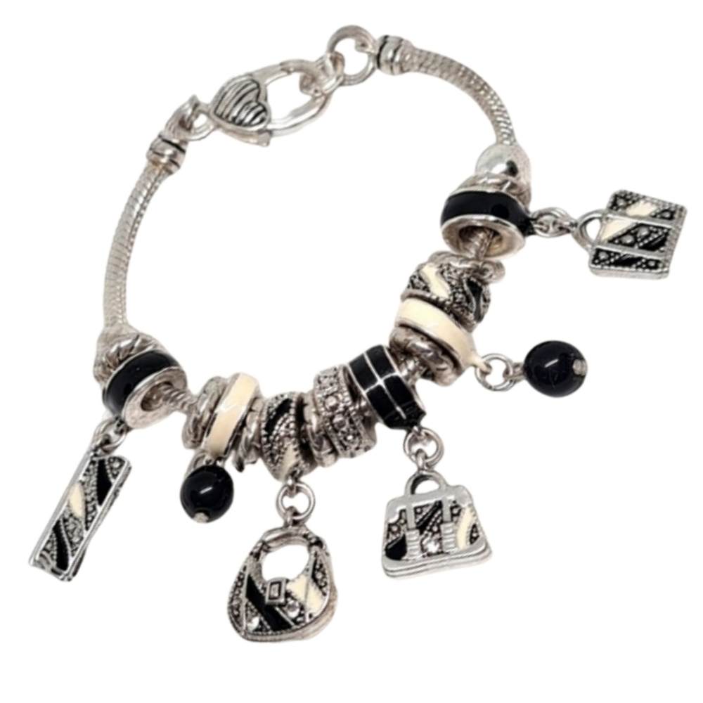Silver Tone Charm Bracelet w/ Miscellaneous Purse Charms & Heart Clasp | 7"
